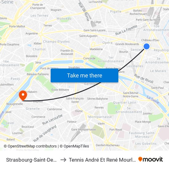 Strasbourg-Saint-Denis to Tennis André Et René Mourlon map