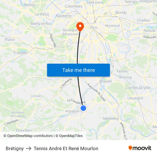 Brétigny to Tennis André Et René Mourlon map