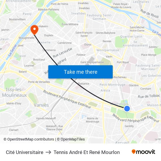 Cité Universitaire to Tennis André Et René Mourlon map