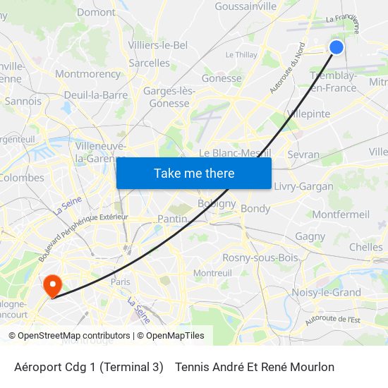 Aéroport Cdg 1 (Terminal 3) to Tennis André Et René Mourlon map