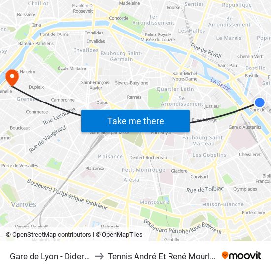 Gare de Lyon - Diderot to Tennis André Et René Mourlon map