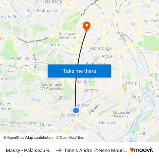 Massy - Palaiseau RER to Tennis André Et René Mourlon map