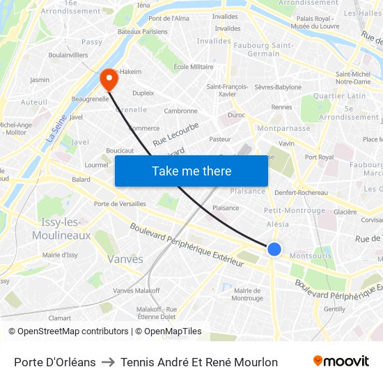Porte D'Orléans to Tennis André Et René Mourlon map