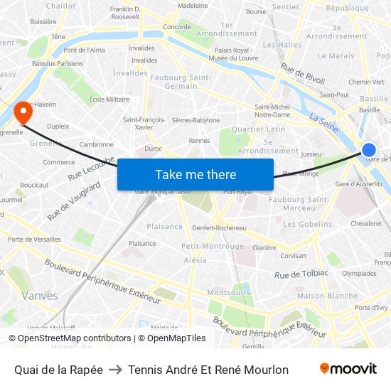Quai de la Rapée to Tennis André Et René Mourlon map