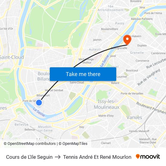 Cours de L'Ile Seguin to Tennis André Et René Mourlon map