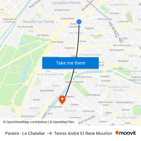 Pereire - Le Chatelier to Tennis André Et René Mourlon map