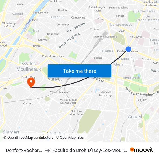 Denfert-Rochereau to Faculté de Droit D'Issy-Les-Moulineaux map