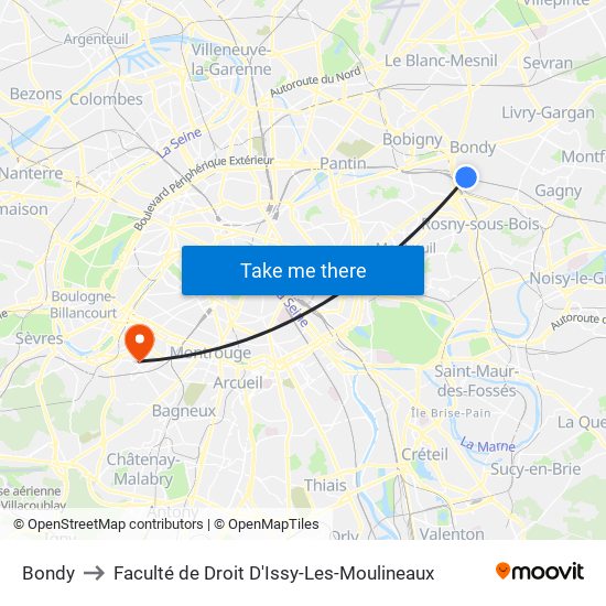 Bondy to Faculté de Droit D'Issy-Les-Moulineaux map