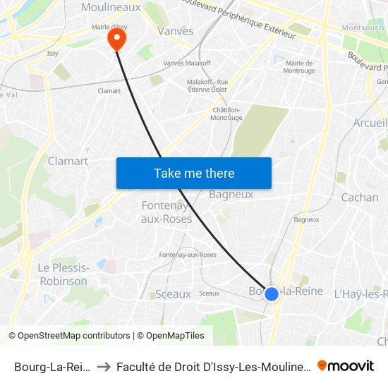 Bourg-La-Reine to Faculté de Droit D'Issy-Les-Moulineaux map