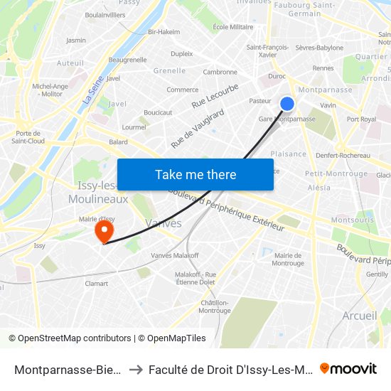 Montparnasse-Bienvenue to Faculté de Droit D'Issy-Les-Moulineaux map