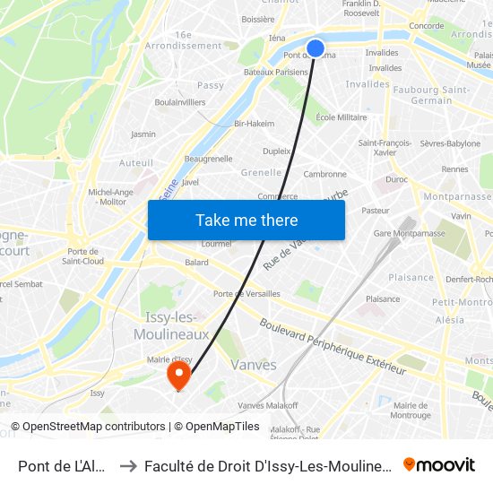 Pont de L'Alma to Faculté de Droit D'Issy-Les-Moulineaux map