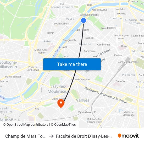 Champ de Mars Tour Eiffel to Faculté de Droit D'Issy-Les-Moulineaux map
