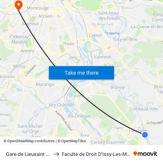 Gare de Lieusaint Moissy to Faculté de Droit D'Issy-Les-Moulineaux map