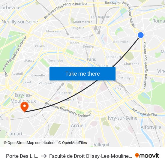 Porte Des Lilas to Faculté de Droit D'Issy-Les-Moulineaux map