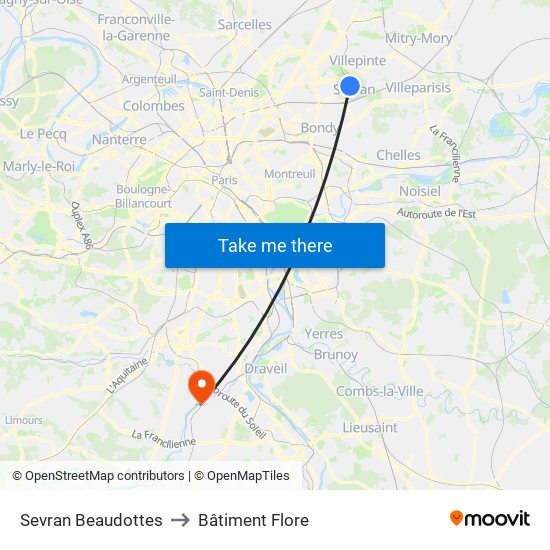 Sevran Beaudottes to Bâtiment Flore map