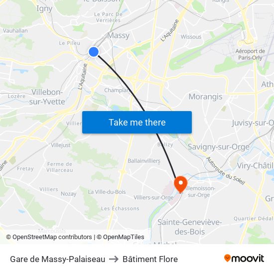 Gare de Massy-Palaiseau to Bâtiment Flore map