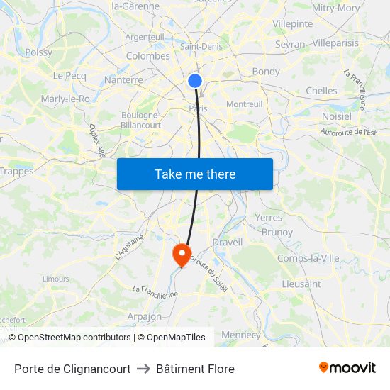 Porte de Clignancourt to Bâtiment Flore map