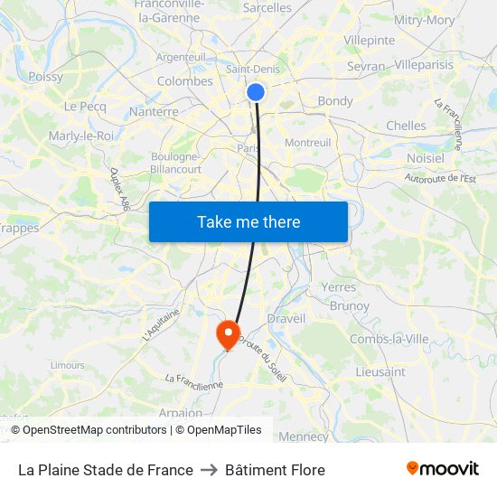 La Plaine Stade de France to Bâtiment Flore map