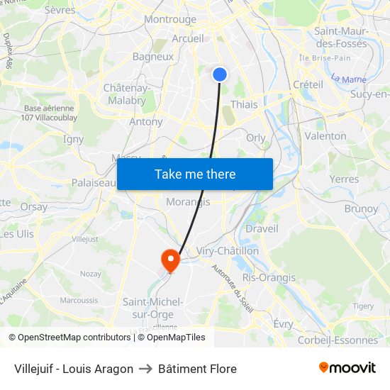 Villejuif - Louis Aragon to Bâtiment Flore map