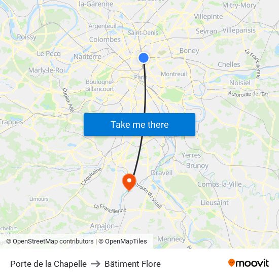 Porte de la Chapelle to Bâtiment Flore map