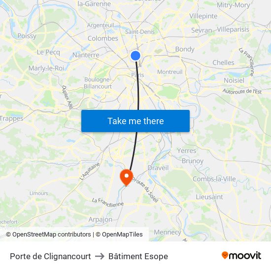 Porte de Clignancourt to Bâtiment Esope map