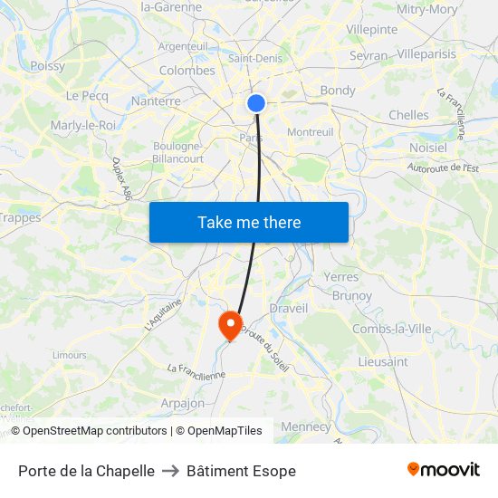 Porte de la Chapelle to Bâtiment Esope map