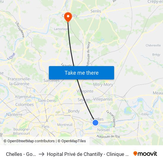 Chelles - Gournay to Hopital Privé de Chantilly - Clinique Des Jockeys map