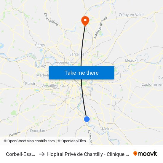 Corbeil-Essonnes to Hopital Privé de Chantilly - Clinique Des Jockeys map