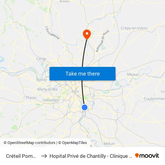 Créteil Pompadour to Hopital Privé de Chantilly - Clinique Des Jockeys map