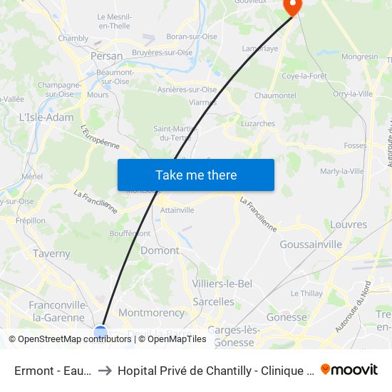 Ermont - Eaubonne to Hopital Privé de Chantilly - Clinique Des Jockeys map