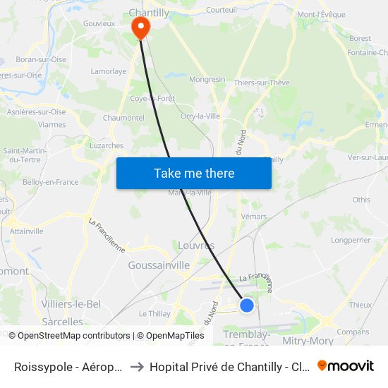 Roissypole - Aéroport Cdg1 (D3) to Hopital Privé de Chantilly - Clinique Des Jockeys map