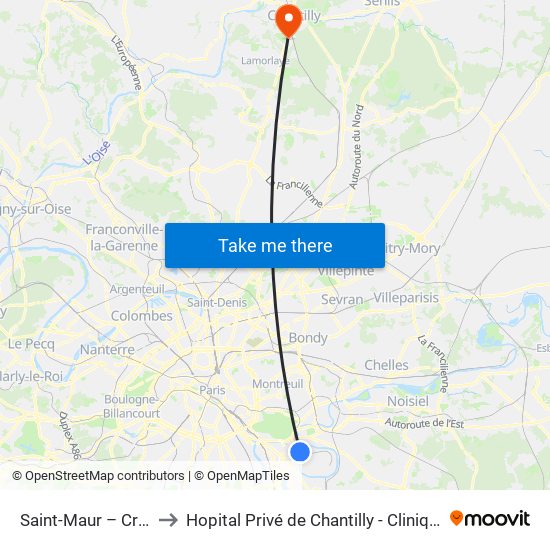 Saint-Maur – Créteil RER to Hopital Privé de Chantilly - Clinique Des Jockeys map