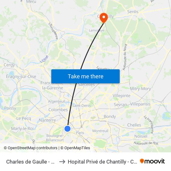 Charles de Gaulle - Étoile - Wagram to Hopital Privé de Chantilly - Clinique Des Jockeys map