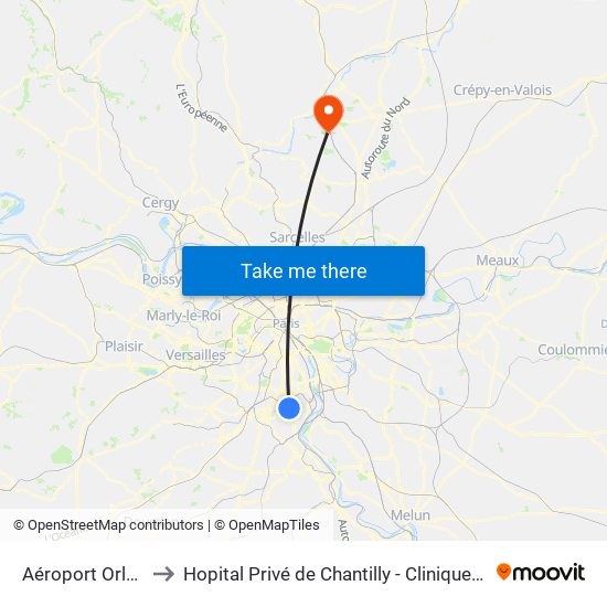 Aéroport Orly 1-2-3 to Hopital Privé de Chantilly - Clinique Des Jockeys map