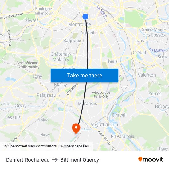 Denfert-Rochereau to Bâtiment Quercy map