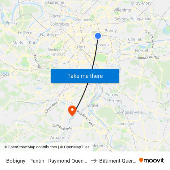 Bobigny - Pantin - Raymond Queneau to Bâtiment Quercy map
