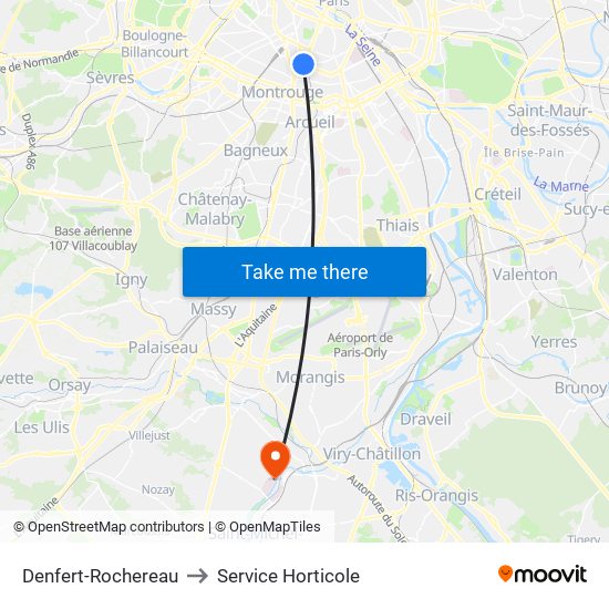 Denfert-Rochereau to Service Horticole map