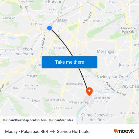 Massy - Palaiseau RER to Service Horticole map