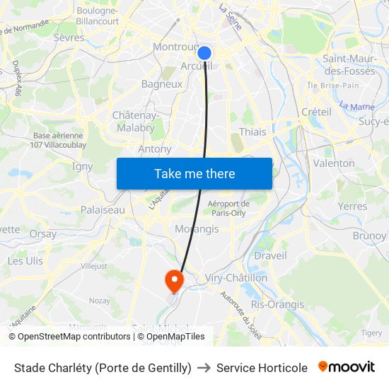 Stade Charléty (Porte de Gentilly) to Service Horticole map