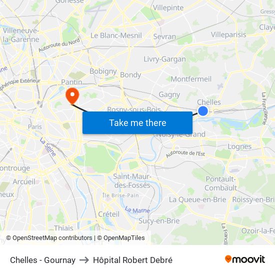 Chelles - Gournay to Hôpital Robert Debré map