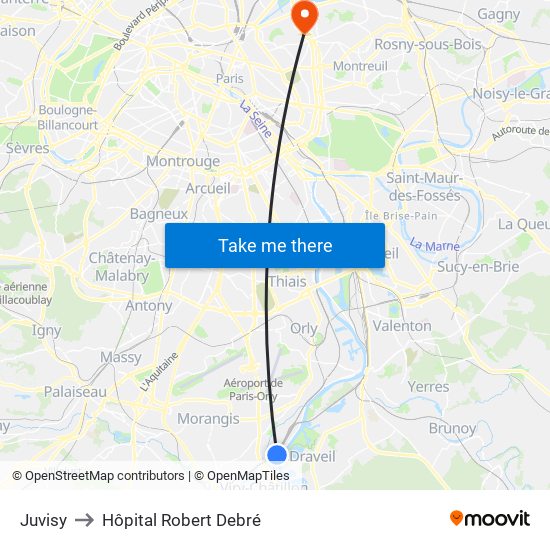 Juvisy to Hôpital Robert Debré map