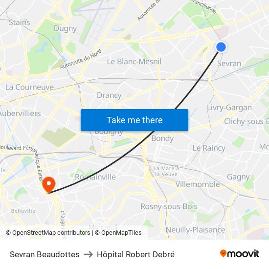 Sevran Beaudottes to Hôpital Robert Debré map