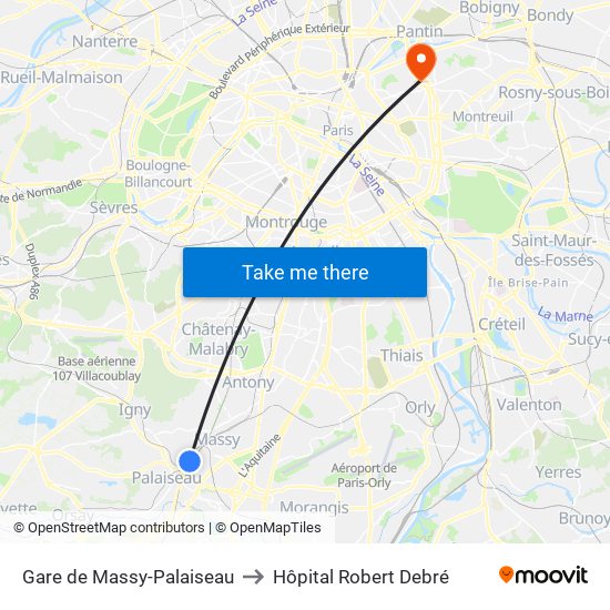 Gare de Massy-Palaiseau to Hôpital Robert Debré map