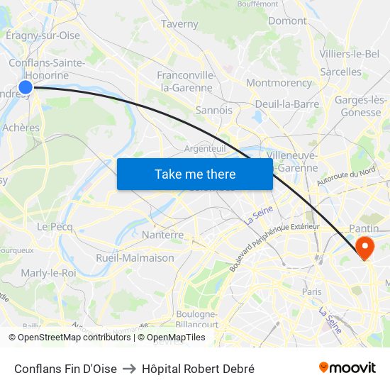 Conflans Fin D'Oise to Hôpital Robert Debré map