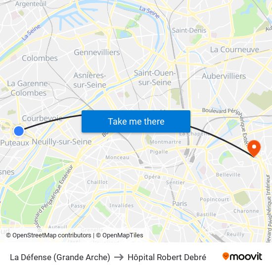 La Défense (Grande Arche) to Hôpital Robert Debré map