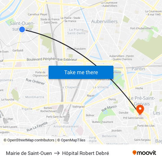 Mairie de Saint-Ouen to Hôpital Robert Debré map