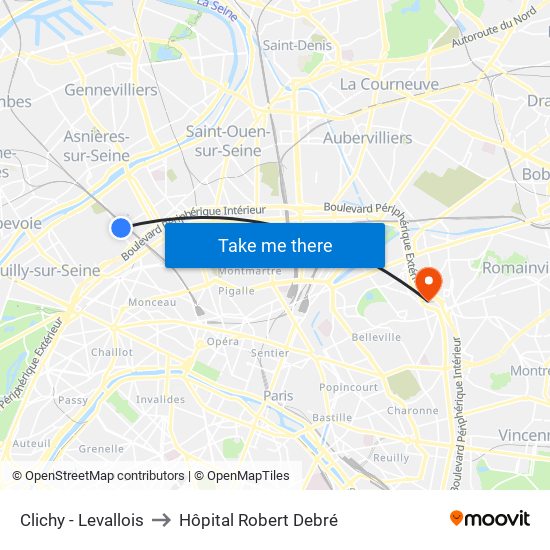 Clichy - Levallois to Hôpital Robert Debré map