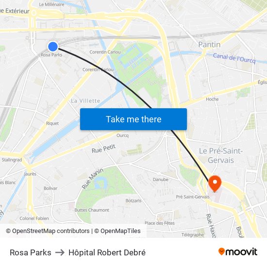 Rosa Parks to Hôpital Robert Debré map