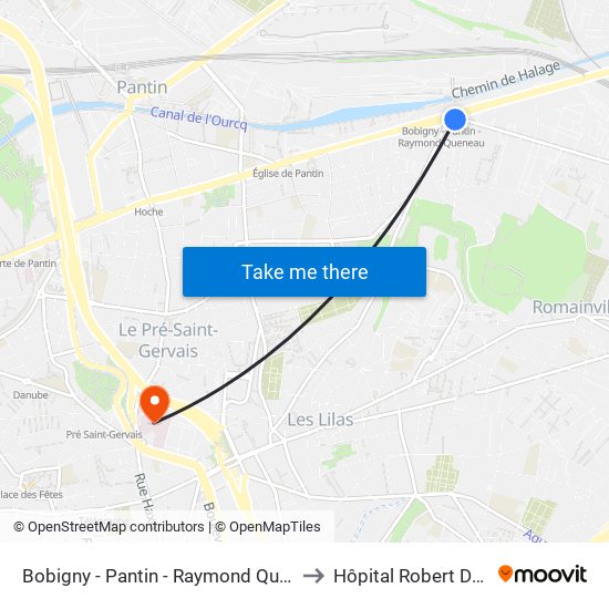 Bobigny - Pantin - Raymond Queneau to Hôpital Robert Debré map