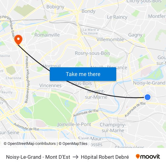 Noisy-Le-Grand - Mont D'Est to Hôpital Robert Debré map